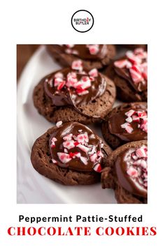 peppermint pattie - stuffed chocolate cookies on a white plate with text overlay