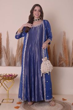 Blue long jacket with scallop trimmings and floral embroidery using gota patti work. Paired with an inner anarkali with embroidered neckline. - Aza Fashions Tissue Anarkali, Round Neck Jacket, Floral Anarkali, Gota Patti Work, Embroidery Floral, Indian Clothes, Anarkali Suit, Embroidered Neckline, Long Jacket