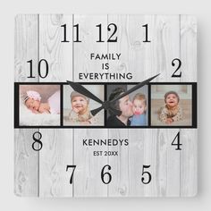 a square clock with four photos on the front and back of it that says family is everything