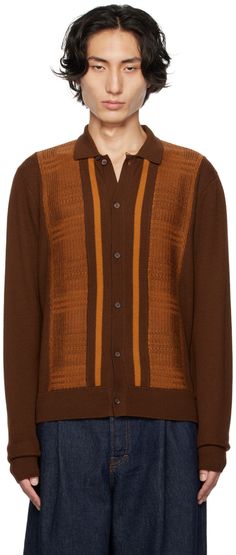 Knit merino wool cardigan. · Rib knit spread collar, hem, and cuffs · Button closure · Intarsia stripes at front Supplier color: Chocolate/Sienna/Caramel Classic Brown Cardigan With Button Cuffs, Brown Wool Cardigan With Ribbed Cuffs, Brown Long Sleeve Sweater With Button Cuffs, Fitted Brown Wool Cardigan, Classic Brown Collared Cardigan, Brown Long Sleeve Cardigan With Button Cuffs, Classic Brown Merino Wool Cardigan, Brown Merino Wool Long Sleeve Cardigan, Striped Wool Sweater With Long Sleeves