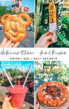 four different pictures with food and drinks in them, including an animal shaped pretzel