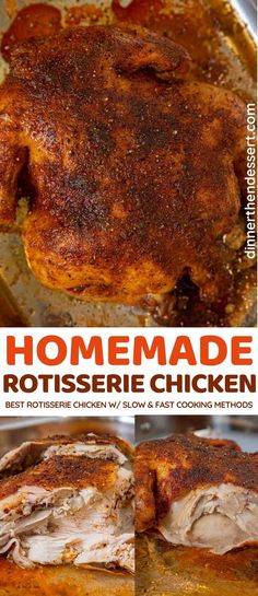 homemade rotissee chicken in a pan with text overlay