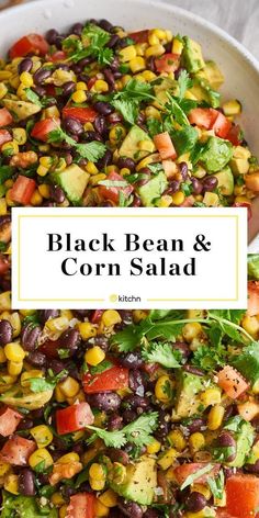 black bean and corn salad in a white bowl