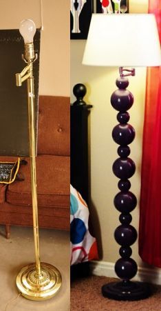 two different views of a living room with a lamp