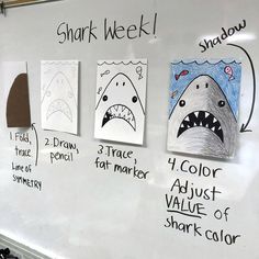 a white board with drawings on it and shark week written on the wall next to it