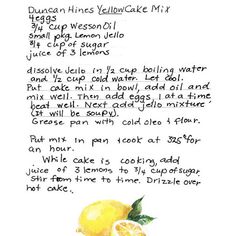 a recipe for lemon cake mix on a white background with handwritten instructions to make it