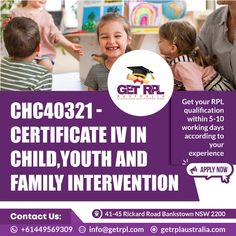 🌟 Advance Your Career in Child, Youth, and Family Services from 'Get RPL Australia'! 🌟

Earn your CHC40321 - Certificate IV in Child, Youth, and Family Intervention through RPL with Get RPL Australia!

Why Choose RPL?
✔️ Turn your skills and experience into a nationally recognized qualification.
✔️ Save time, money, and effort—no classroom required!
✔️ Boost your career opportunities in child, youth, and family intervention.

Contact 'Get RPL Australia' today.

Visit our facebook page
https://www.facebook.com/Get.RPL.Australia.0

Office Address:
🏠 45 Rickard Road Bankstown, Sydney, NSW 2200, Australia, New South Wales.
Contact Us:
Call: 0449 569 309
Email: info@getrpl.com
Website: https://www.getrplaustralia.com/
Instagram: https://www.instagram.com/get_rpl_australia/ Career Opportunities, Save Time, How To Apply, Contact Us