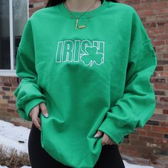 cotton/poly irish green crewneck with embroidered design! unisex adult sizing. these are made to order! please allow 2-4 weeks for shipment ᵕ̈ model is 5'5, usually a size small & wearing a size xlarge. Green Long Sleeve Sweatshirt With Embroidered Logo, Green Crew Neck Sweater, Casual Green Sweater With Embroidered Graphics, Green Relaxed Fit Top With Embroidered Logo, Relaxed Fit Green Top With Embroidered Logo, Green Long Sleeve Top With Embroidered Logo, Green Sweatshirt With Embroidered Logo For Fall, Green Long Sleeve Sweatshirt With Embroidered Graphics, Green Letter Print Crew Neck Sweater