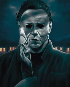 a painting of a man holding a knife in front of his face with the words halloween written on it