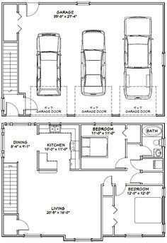 the floor plan for a two story house with an attached garage and living room area