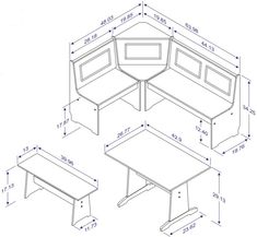 an office desk with two chairs and a table in the middle, measurements for each