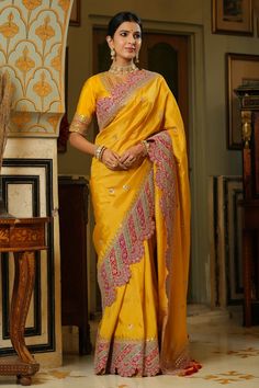 Buy yellow silk saree online in USA with heavy embroidery scalloped border. Make a fashion statement at weddings with stunning designer sarees, embroidered sarees with blouse, wedding sarees, handloom sarees from Pure Elegance Indian fashion store in USA.-full view Yellow Silk Saree, Scalloped Border, Red Border, Fashion Journals, Pure Elegance, Yellow Silk, Heavy Embroidery, Traditional Fabric, Silk Sarees Online