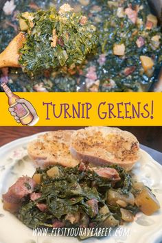 there is a plate with some food on it and the words turnip greens above it