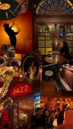 a collage of photos with people and musical instruments in the foreground, an image of a jazz band playing