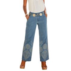 The LASCANA Women's Embroidered Wide Leg Jeans are all about the details, offering a stylish and unique addition to your denim collection. These jeans feature a flattering mid-rise waist and a wide leg cut, providing both comfort and a trendy silhouette. The intricate white embroidery on the front and back of the lower legs adds a chic and distinctive touch, making these jeans stand out. With a button zipper front closure and functional front and back pockets, they combine practicality with styl Embroidered Denim Blue Jeans For Summer, Medium Wash Embroidered Relaxed Fit Bottoms, Dark Wash Embroidered Bottoms For Summer, Embroidered Dark Wash Bottoms For Summer, Denim Blue Bottoms With Floral Embroidery And Relaxed Fit, Casual Embroidered Jeans In Medium Wash, Relaxed Fit Denim Blue Bottoms With Floral Embroidery, Casual Wide Leg Embroidered Jeans, Bohemian Relaxed Fit Medium Wash Jeans