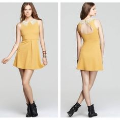 Free People Buttercream Waffle Knit Dress Size M Color: Mustard Yellow New With Tags Retail: $168 Cream Crochet Knit Split Collar Fit And Flare Skater Dress Pleat At The Waistline Cut-Out Back Button Closure At The Back Above Knee Mini Polyester/Spandex Machine Washable Measurements Provided Taken Flat Lay And Are Approximate B- 15.5 W- 14.5 H- 20.5 L- 35 Mustard Yellow Crochet, Crochet Lace Collar, Free People Lace Dress, Yellow Crochet, Embroidered Tunic Dress, Cream Lace Dress, Free People Mini Dress, Pink Bodycon Dresses, Crochet Collar