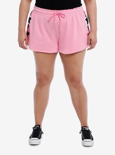 Chill with some star power in these pink lounge shorts! They featuring black stripe detailing on the sides  plus star designs. Comes with a back pocket and elasticated drawstring waistband.60% cotton; 40% polyesterWash cold; dry lowImportedModel is 5'10''Model wears size 1 Summer Bottoms With Side Stripes, Summer Shorts With Side Stripes, Cotton Shorts With Side Stripes, Athleisure Shorts With Side Stripes, Sporty Pink Pajama Shorts For Loungewear, Sporty Pink Pajama Shorts, Sporty Pink Cotton Pajama Shorts, Sporty Pink Pajama Shorts With Relaxed Fit, Pink Relaxed Fit Athletic Shorts