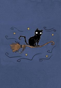 a black cat sitting on top of a broom flying through the air with stars around it