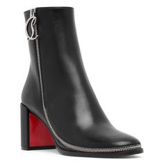 Black leather ankle boots from Christian Louboutin. The CL Zip leather boots are made of black calf leather, featuring a silver zip joining the top of the upper to its curved toe complete with a CL monogram on the zip fastening. It is set on a 70mm block heel. Signature red leather soleFits slightly small - we recommend choosing a half size largerMade in Italy Luxury Sleek Boots With Zipper Closure, Chic Black Heeled Boots With Zipper Closure, Leather High-top Heeled Boots With Zipper Closure, Christian Louboutin Ankle Boots, Luxury High-heel Boots With Zipper Closure, Christian Louboutin Boots, Black Leather Ankle Boots, Black Leather Boots, Leather Care