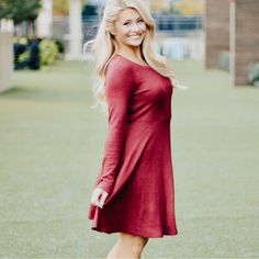 Perfect Length Red Sweater Dress Long Sleeve Spring Stretch Burgundy Dress, Burgundy Stretch Dress For Spring, Red Long Sleeve Mini Dress For Fall, Red Solid Color Dress For Day Out, Red Stretch Dress For Day Out, Red Stretch Dresses For Day Out, Red Dress For Day Out, Red Knee-length Mini Dress For Fall, Casual Long Sleeve Burgundy Dress