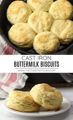 buttermik biscuits in a cast iron skillet with text overlay that reads cast iron buttermik biscuits