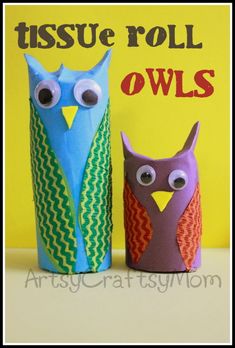 two owls made out of toilet paper with the words tissue roll owls written on them