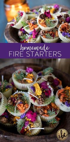 some food is sitting on a plate with pine cones and flowers in it, along with the words homemade firestarters