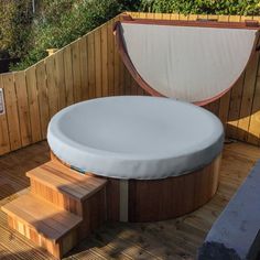 a hot tub sitting on top of a wooden deck