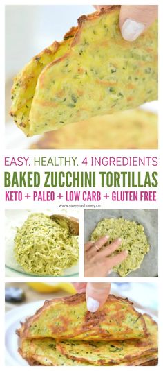 the recipe for baked zucchini tortillas is shown in three different pictures