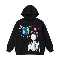 Black oversized hoodie featuring a unique graphic design. The front displays a white skeleton silhouette alongside a colorful Earth globe surrounded by pink hearts and white stars. The contrast between the monochrome skeleton and the vibrant Earth creates an eye-catching effect. The hoodie has a relaxed fit with a hood and likely ribbed cuffs and hem. Combines street style with playful, cosmic-themed artwork for a bold and expressive look. Skeleton Silhouette, Black Oversized Hoodie, Love Skeleton, Street Vibes, Cosmic Love, Skeleton Hoodie, Unique Graphic Design, Earth Globe, Aesthetic Hoodie