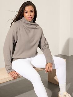 Cozy Karma Twist Neck Sweatshirt | Athleta Cozy Workout Sweatshirt With Ribbed Cuffs, Oversized Athleisure Sweatshirt For Relaxation, Comfortable Sweats For Fall Workout, Sporty Funnel Neck Top For Loungewear, Comfortable Fall Workout Tops, Comfortable Workout Tops For Fall, Comfy Relaxed Fit Sweatshirt For Relaxation, Comfy Relaxed Fit Sweatshirt For Workout, Comfy Sweatshirt With Relaxed Fit For Workout