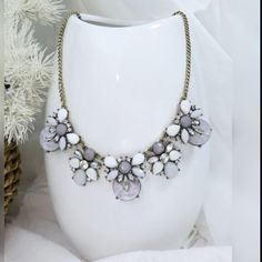 Rhinestone Necklace Flower Pattern Color Grey/White Length 20-22 Inches New Beautiful Piece White Crystal Rhinestone Jeweled Necklace, Adjustable White Rhinestone Necklace, Black Choker Necklace, Long Silver Necklace, Necklace Flower, Heart Choker, Diffuser Necklace, Gold Bar Necklace, Rose Quartz Beads