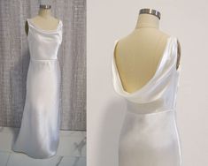 the back and side of a white dress on display next to a mannequin