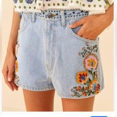 Size 27 Casual Multicolor Floral Embroidered Bottoms, Casual Multicolor Floral Embroidery Bottoms, Blue Floral Embroidered Bottoms For Summer, Cotton Bottoms With Multicolor Embroidery, High-waisted Shorts With Floral Embroidery For Spring, High Waist Floral Embroidered Shorts For Spring, Blue Embroidered Bottoms For Summer, Spring Embroidered Multicolor Bottoms, Bohemian Multicolor Bottoms With Floral Embroidery