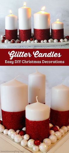 christmas candles with red and white glitter on them