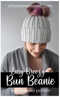 a woman wearing a knitted hat and scarf with text overlay that reads easy messy bun beanie the crochet pattern