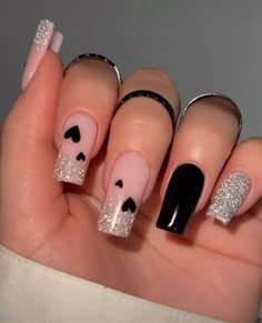 Black And Clear Nail Designs, Gel Nails French, Cute Toe Nails, Stylish Nails Designs, Casual Nails, Work Nails, Short Square Acrylic Nails