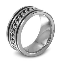 On your wedding day, honor him with a ring that represents his unique point of view. Fashioned in sleek stainless steel, this extraordinary design features a polished link chain inset encircling the band. The top and bottom of this 10.0mm wide band are bordered with rings of black ion-plating, giving the ring dramatic color and depth. Buffed to a brilliant luster, this ring is a stunning symbol of your everlasting love. Custom made to fit his ring size. Stainless steel rings cannot be resized after purchase. Everlasting Love, Steel Ring, Stainless Steel Rings, Wide Bands, On Your Wedding Day, Two Tone, Wedding Bands, Ring Size, Plating