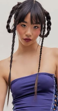 Y2k Alt Hairstyles, Two Braids Long Hair, Zig Zag Part Space Buns, Unique Asian Hairstyles, Crazy Long Hairstyles, Hair Styles With Hair Pin, Modern Chinese Hairstyle, Cool Unique Hairstyles, Short Hair Long Braids