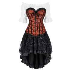 Party wears black corset dress suits for women, corset tops with a white shirt and black high low Victorian skirts are the best cosplay costumes for Halloween costumes, pirate costumes, cosplay parties, stage performances, costume parties, theme parties, etc. So many colors of corset tops for you to choose to pair with the high low steampunk skirt. Casual Corset Dress Features: Bustier fabric: 90% Polyester & 10% SpandexBlack dress suit include: Black corset dress suit, classy corset dresses, corset shirtBustier Style: Black corset prom dress, Victorian lace up corset, Gothic corset outfits, Adjustable Structured Corset Lacing back. Package include：1* Women's Corset+ 1* High Low Steampunk Black Skirt+1* sexy white shirt Corset Size Measurement(inch): S-6XL, please refer to the size chart b Fitted Gothic Cosplay Costume, Fitted Sleeveless Costumes For Cosplay Events, Fitted Sleeveless Costume For Cosplay Events, Fitted Gothic Costumes For Fantasy Events, Steampunk Corset Dress For Cosplay, Steampunk Corset Dress For Halloween Party, Steampunk Corset Dress For Halloween Costume Party, Steampunk Corset Dress For Halloween, Black Corset Dress For Halloween Fantasy Events