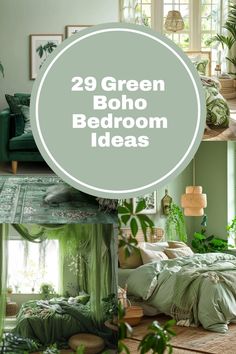 green bedroom decor with plants and greenery in the corner, including bed linens