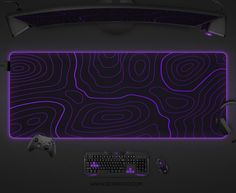 a computer keyboard and mouse on a black surface with purple neon lights in the background