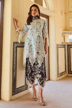 Forest green kurta with elephant, floral, mughal print and chantilly lace applique work on sleeve hem. Paired with printed salwar and scallop lace bordered dupatta. - Aza Fashions Tie Dye Sunflower, Rajdeep Ranawat, Drape Pants, Salwar Pattern, Applique Work, Pant For Women, Hand Tie, Satin Color, Lace Border