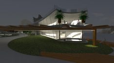 an artistic rendering of a building with palm trees on the roof and grass in front