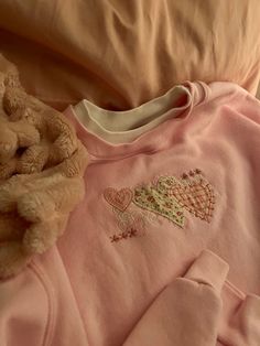 Pink And Brown Aesthetic Outfit, Embroidered Clothes Aesthetic, Handsewn Clothes, Embroider Clothing, Coquette Sweatshirt, Pink Sweaters, Mike Schmidt, The Cardigans