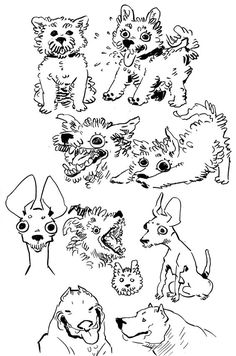 several dogs are depicted in this black and white drawing