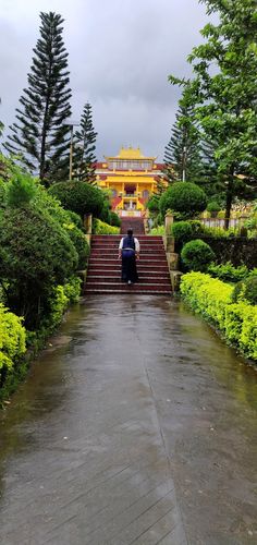 a man sitting on the steps in front of a yellow building with trees and bushes