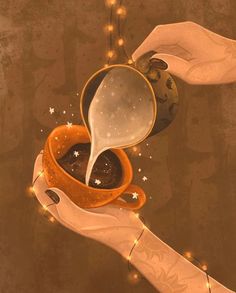 two hands are pouring coffee into each other's mugs with stars on them