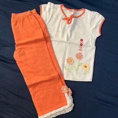 100% Cotton Size 3t New With Tags Gymboree Spring Summer Flower Matching Top And Pant Set! Auper Cute! White Cotton Pant Set For Summer, Spring Cotton Set In Orange, Orange Cotton Sets For Spring, Spring Season Orange Cotton Set, Spring Orange Cotton Set, White Matching Set For Spring, Orange Short Sleeve Sets For Spring, White Short Sleeve Pant Set For Summer, Cute Orange Short Sleeve Sets