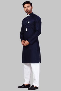 Buy Men's Polyester Solid Kurta Set in Navy Blue Online - Front Navy Cotton Sets For Spring, Spring Indigo Cotton Kurta, Long Sleeve Cotton Tops For Eid, Casual Cotton Tops For Eid, Long Sleeve Blue Tops For Eid, Blue Cotton Winter Sets, Winter Cotton Blue Sets, Casual Blue Kurta For Eid, Blue Casual Kurta For Eid